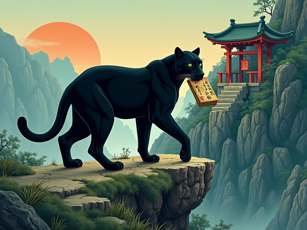 A majestic black panther gracefully strides along a rocky ledge, carrying a scroll in its mouth. The backdrop reveals a serene landscape with a traditional Asian pagoda nestled high in the mountain cliffs. The sun sets on the horizon, casting warm hues across the sky, creating a harmonious blend with the lush greens and muted earth tones of the scene.