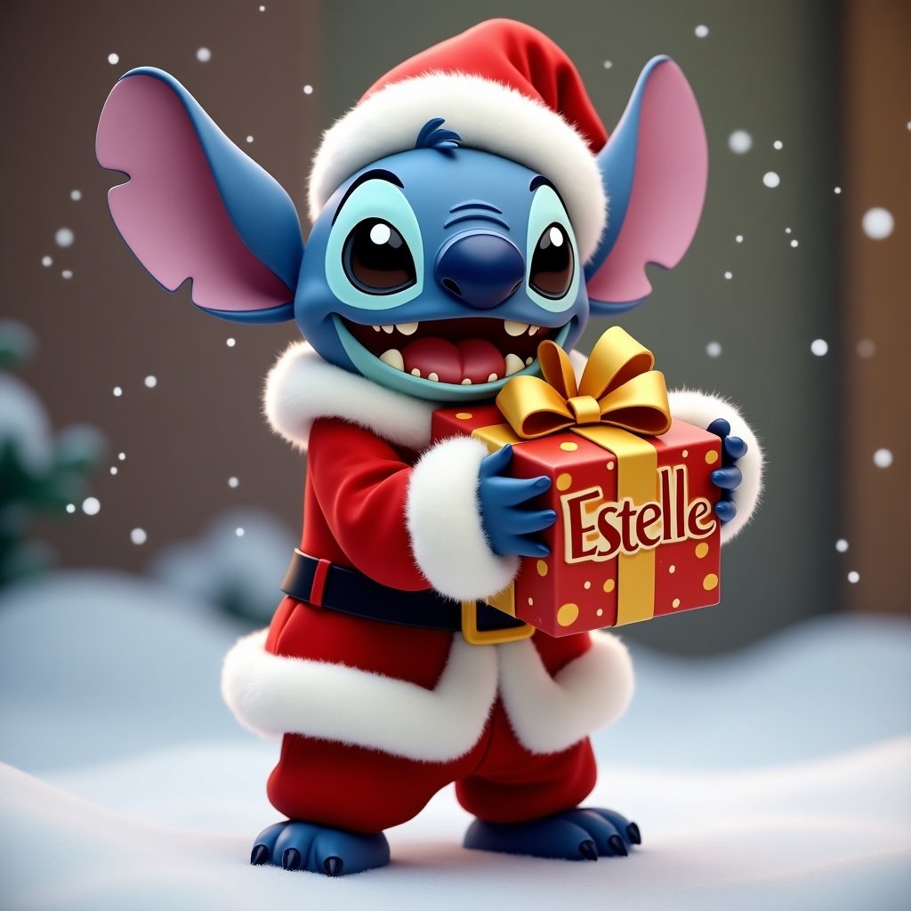 Stitch cartoon character in Santa outfit holding a gift.