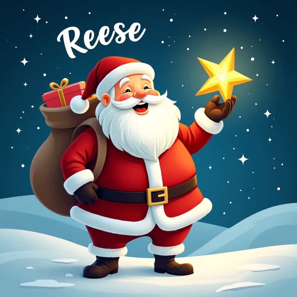 A cheerful Santa Claus with a long white beard is wearing a red suit and holding a sparkling star. A bag of presents is over his shoulder. The background has a night sky with twinkling stars and the name Reese in soft clouds. The ground has snow. The atmosphere feels joyful and festive.