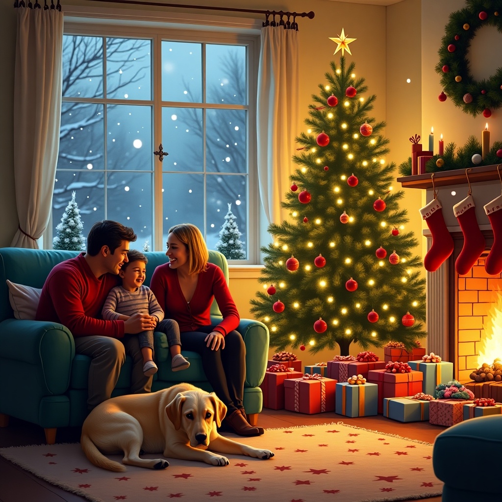 A family enjoys a cozy Christmas evening together on a couch by a decorated Christmas tree. A dog sits beside them, and presents are scattered on the floor. The scene is lit warmly by the fireplace and tree lights, with snow visible outside the window.