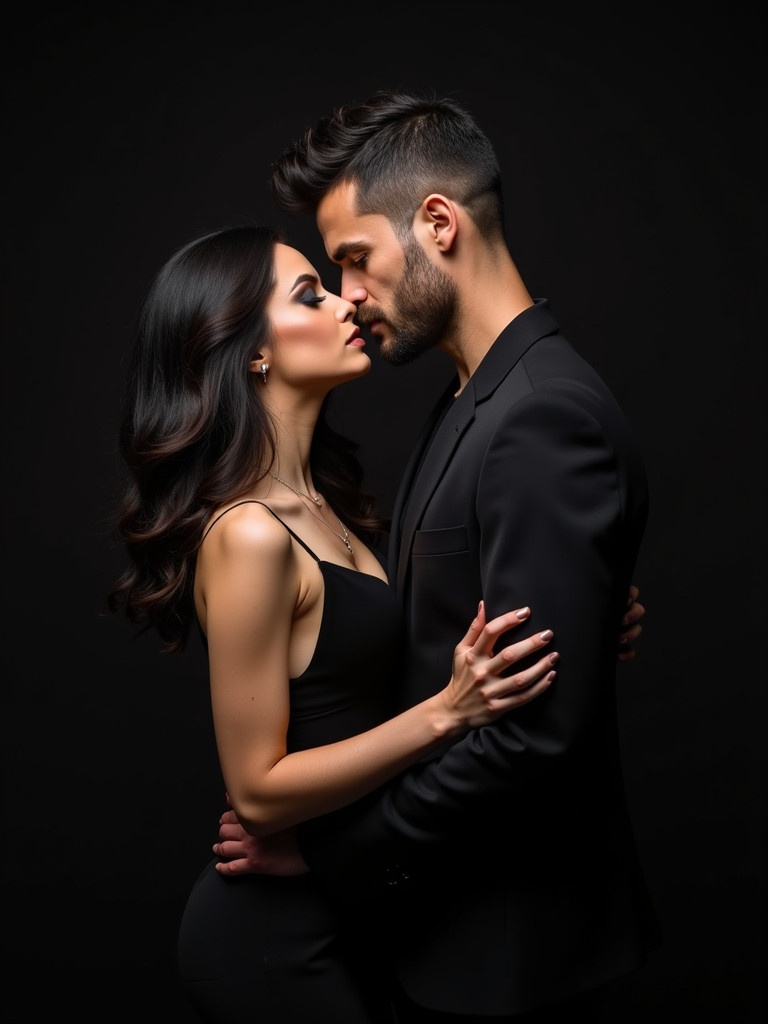 A couple embraces intimately with long dark hair and short hair. They are close to kissing. Both wear elegant black outfits. A striking and sophisticated atmosphere surrounds them.