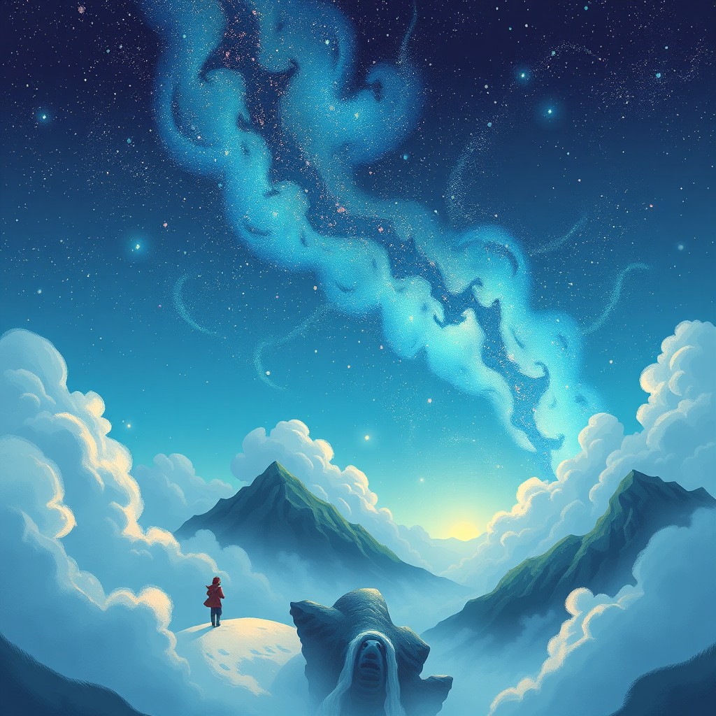 An individual stands atop a snowy peak, gazing at a swirling, starry sky framed by majestic mountains and fluffy clouds at dawn.