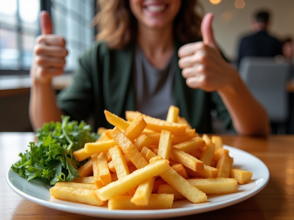 The image shows a large plate filled with crinkle-cut fries sitting on a wooden table. Next to the fries, there is a serving of greens for presentation. A person in the background is smiling and giving a thumbs-up, indicating satisfaction. The setting is bright with natural light coming from large windows. The overall mood is cheerful and inviting, perfect for a food-related context.