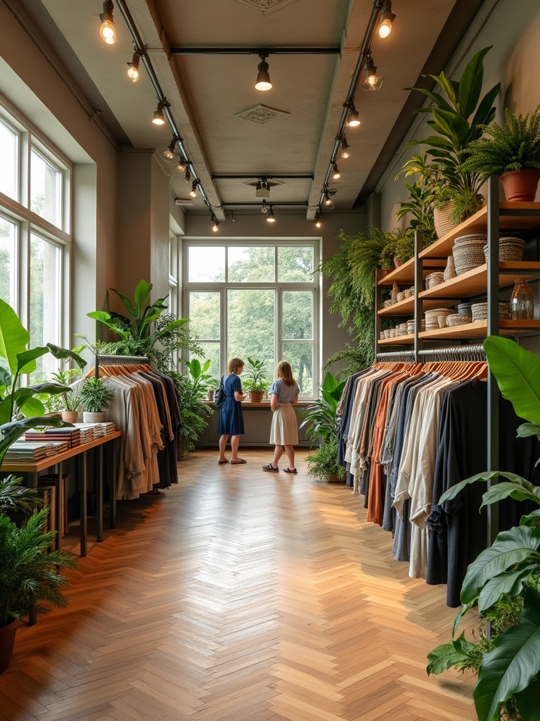 A modern clothing store interior with botanical elements. Light brown and green color palette. Wooden parquet floor. Customers are interacting in the space. Clothes are sorted neatly on racks.