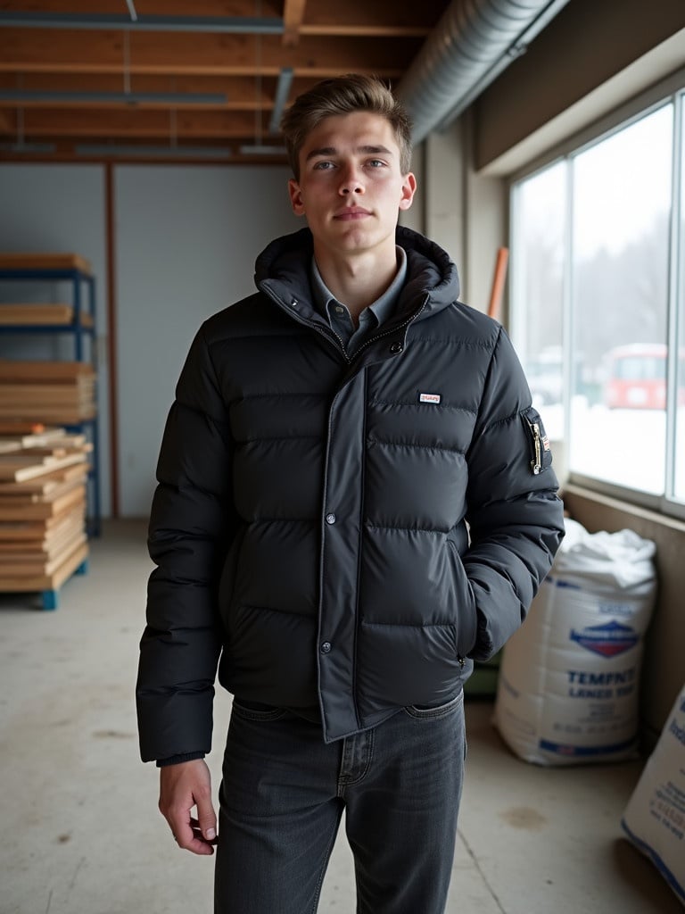 Young man standing indoors during winter. He wears black jeans and a black puffer jacket. No objects in hands. Background includes construction materials like wooden planks and cement bags. Light from window shows snowy outside scene. Casual yet determined atmosphere captured.