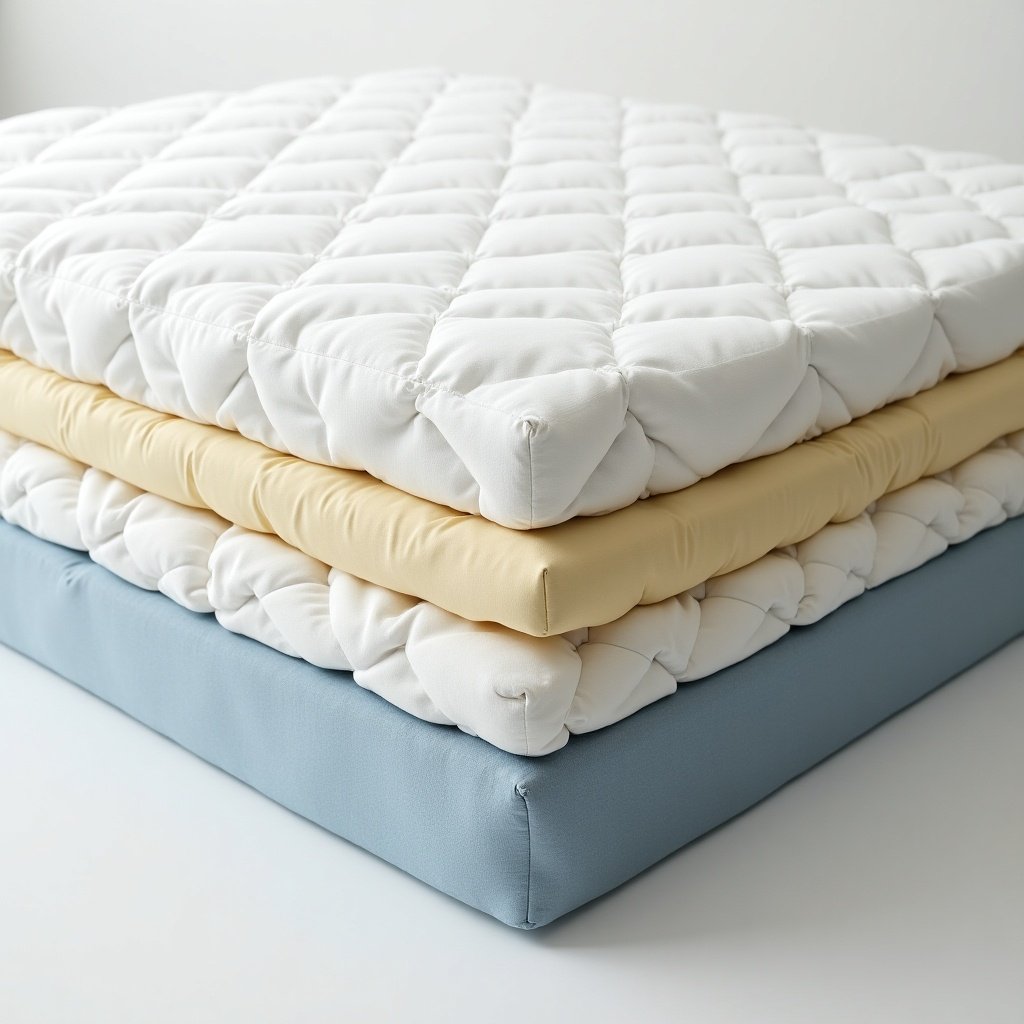 Photo shows stacked layers of a pocket spring mattress. Three layers are visible. Top layer is white. Middle layer is light yellow. Bottom layer is light blue. Soft lighting used for highlighting layers.