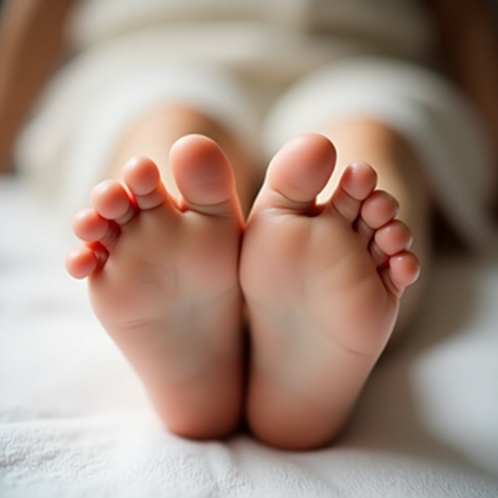 Close-up of a young girl's feet. Soles are soft and flawless. Light and feminine aesthetic. Gentle lighting creates a serene atmosphere. Focus on natural beauty and contours of the feet. Evokes tranquility and beauty.