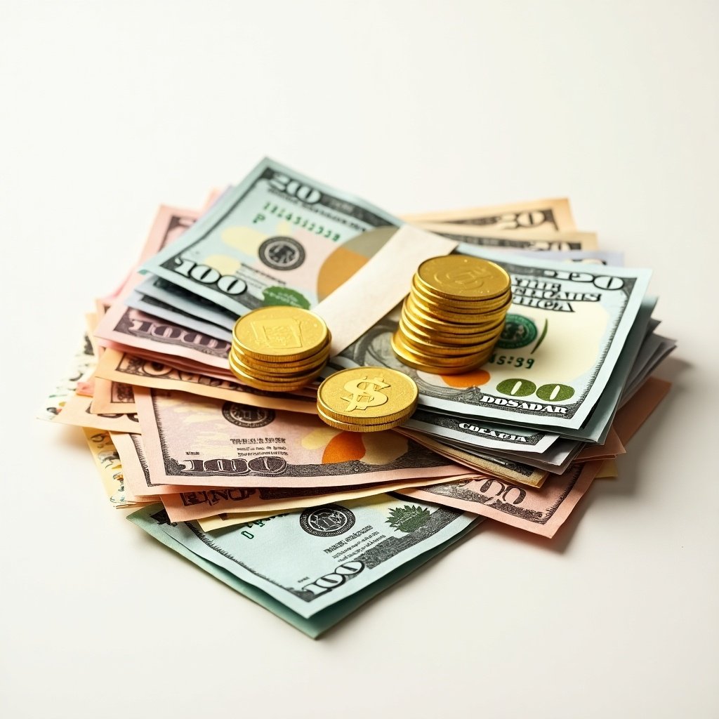 Colorful banknotes and shiny gold coins displayed together. Stacks of cash arranged neatly. Coins symbolizing wealth and savings placed beside banknotes. Presentation reflects financial themes and money management concepts.