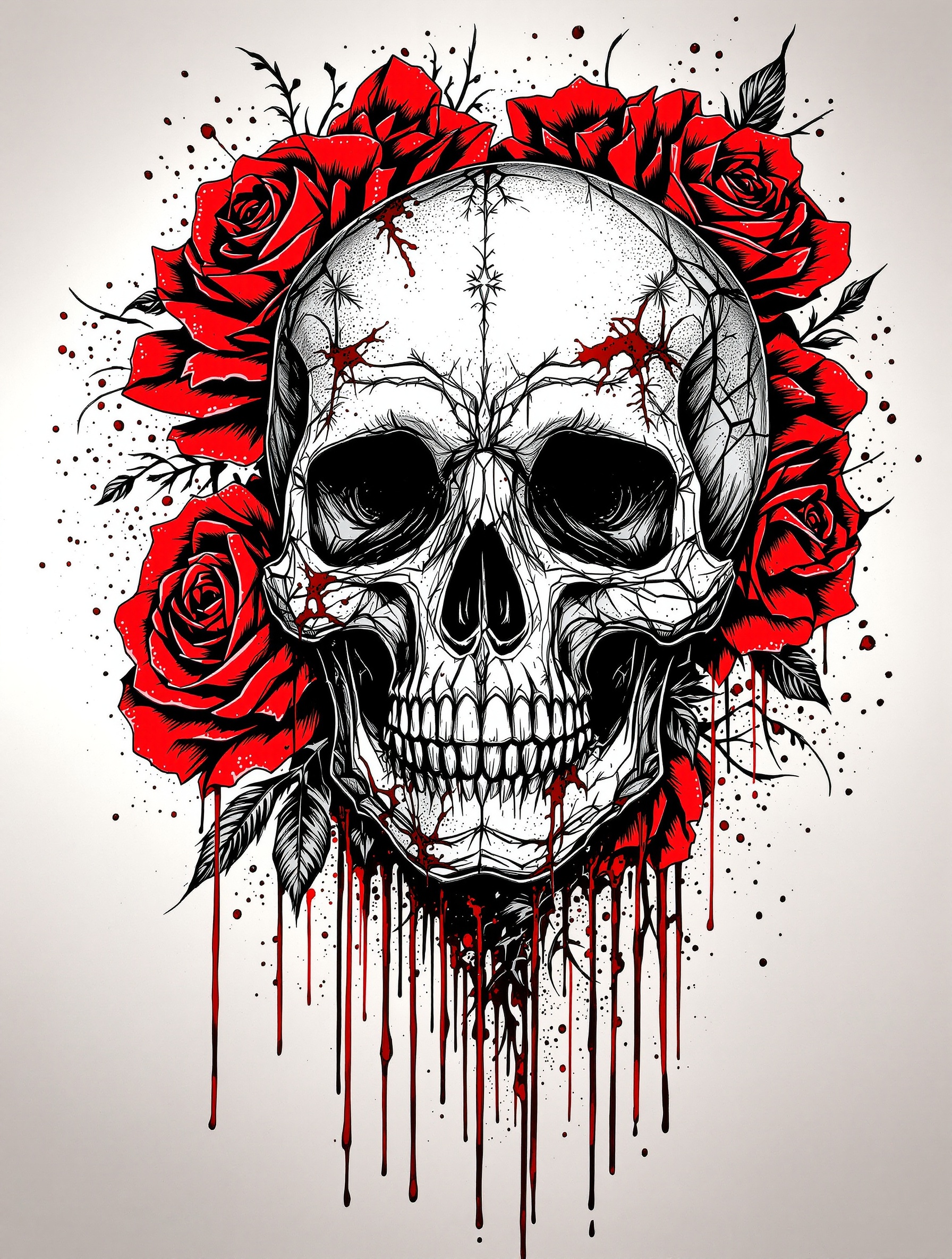 Tattoo of a decorative skull surrounded by vibrant red roses with blood dripping down from them.