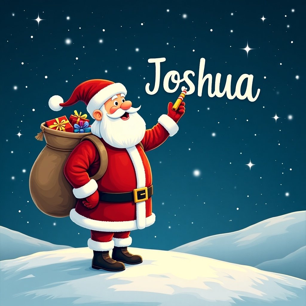 Santa Claus on snowy hill under starry night. Writing names in the sky. Dressed in red and white. Large sack of gifts on back. 'Joshua' displayed in whimsical font.