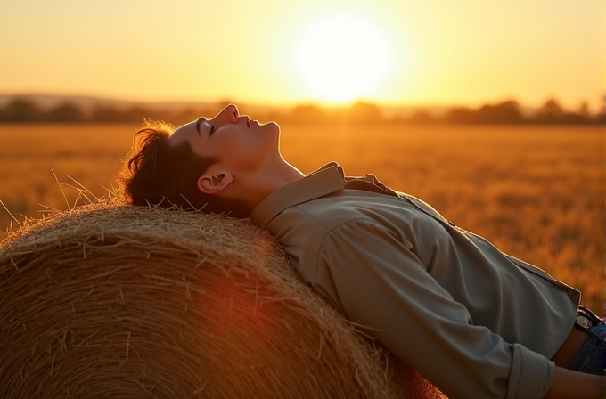 A person leans back on a hay bale in a sunlit field, basking in the warm glow of the sunset.