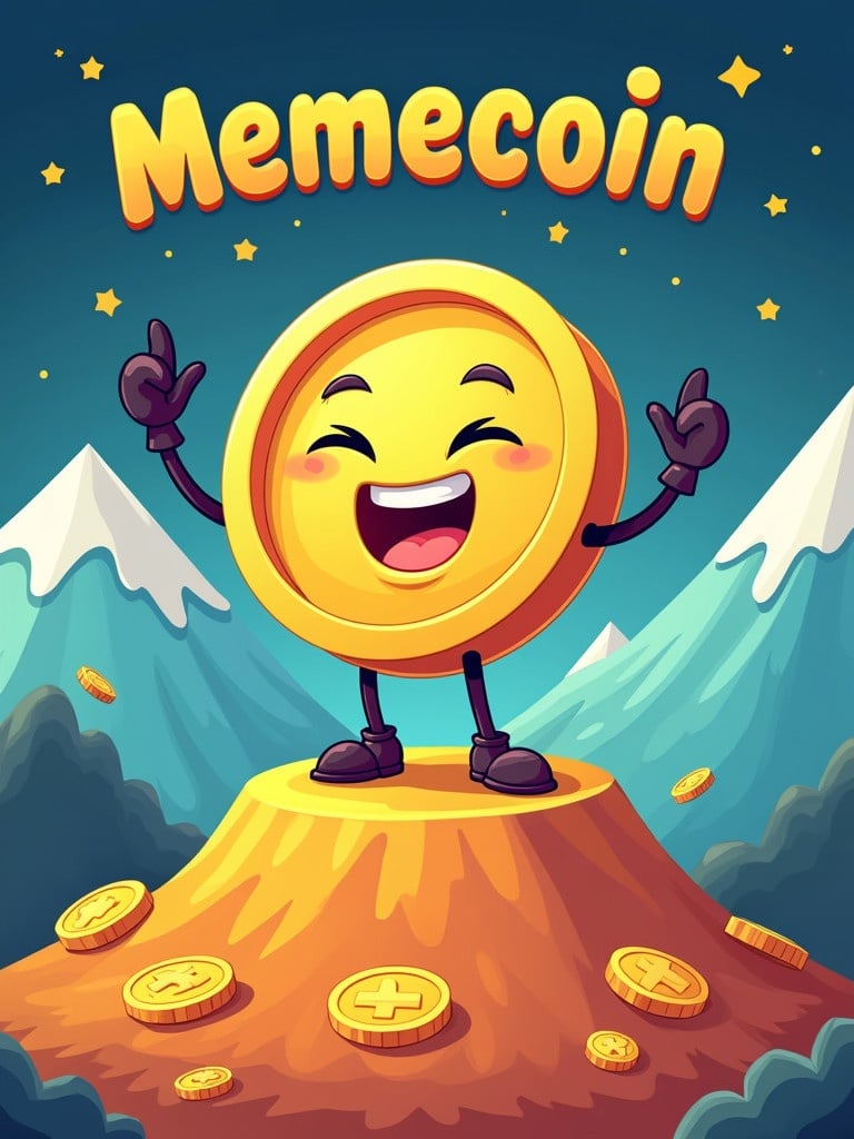 Cartoon character representing memecoin. Gold coin with cheerful face. Character atop vibrant mound with scattered coins. Background shows stylized mountains and twinkling stars. Playful text reads 'memecoin' above.