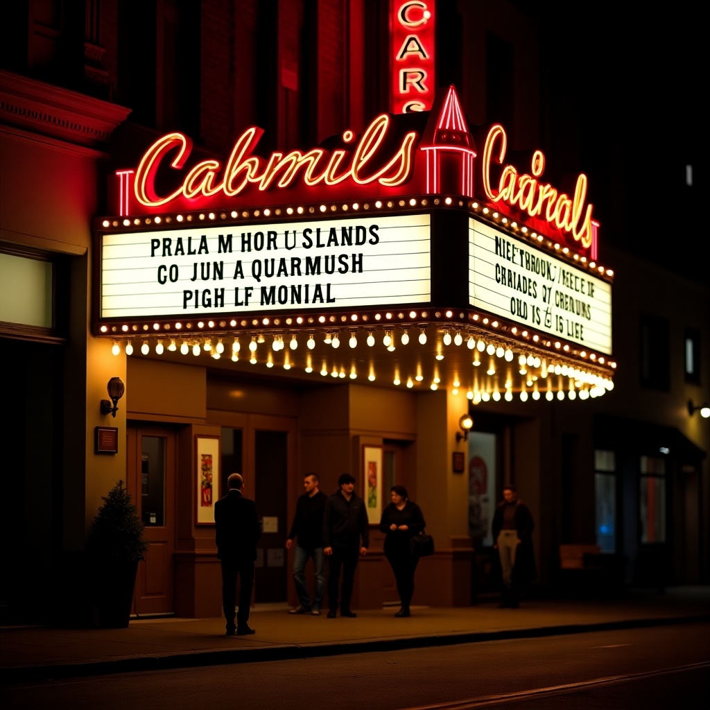 Classic movie marquee sign illuminated with bright lights. Name of establishment elegantly written in cursive. Warm atmosphere ideal for social gatherings. Community hub for entertainment.