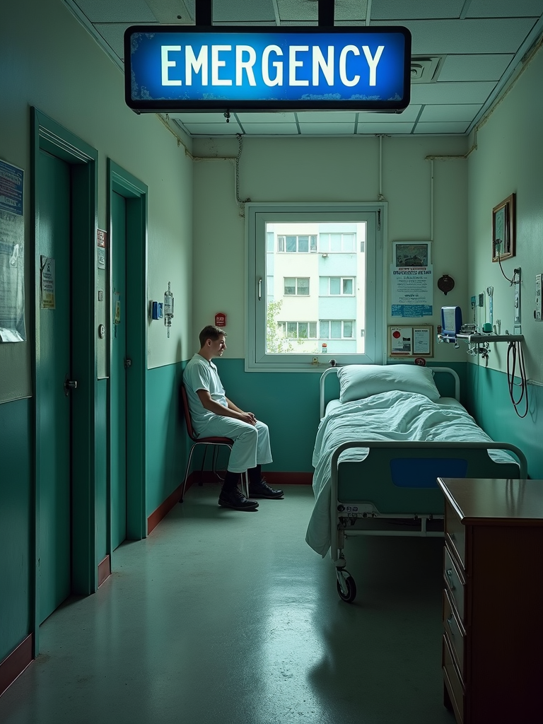 A somber scene of a hospital emergency room corridor with a person in white sitting pensively next to an empty bed under a glowing 'EMERGENCY' sign.