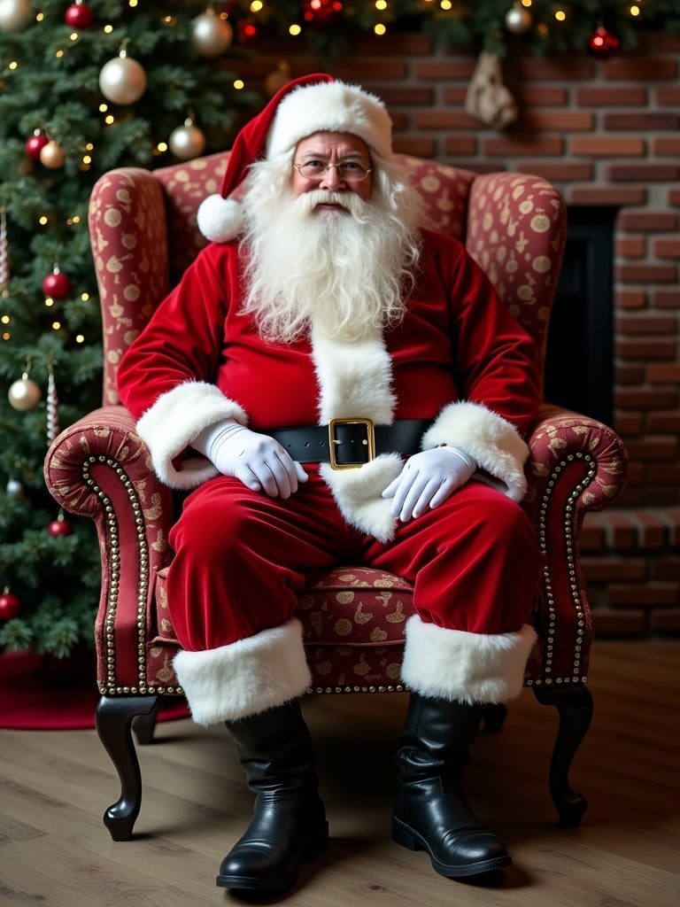 Santa in festive attire sits in a chair. Scene shows a cheerful holiday atmosphere with decorations.