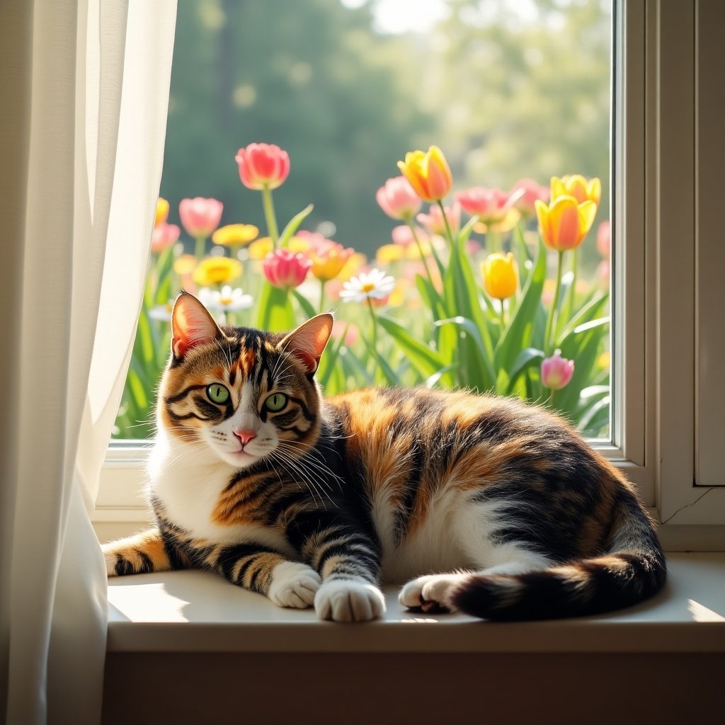 Fluffy domestic cat lounging on window sill. Cat fur mix of black, orange, and white. Striking green eyes glow in natural light. Lush garden outside with colorful flowers. Scene framed by white curtains fluttering in breeze.