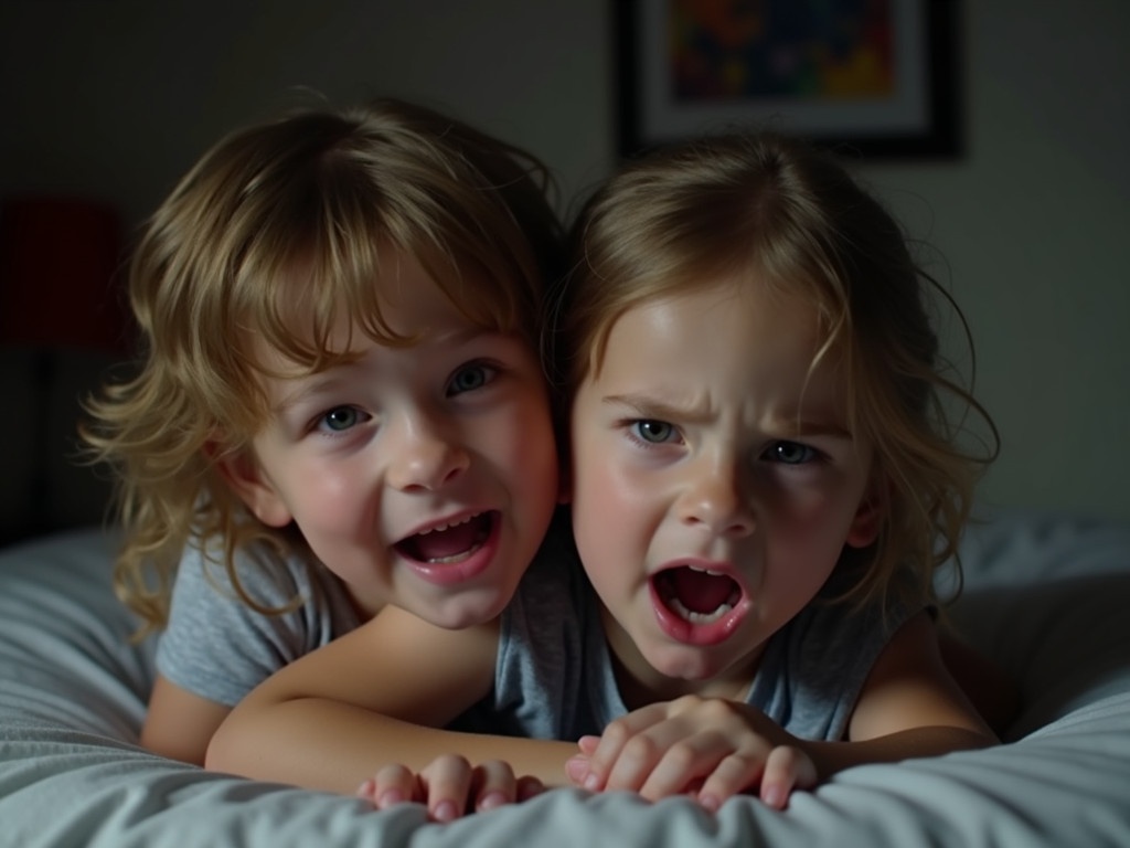 Two 12-year-old children are wrestling on a bed in a dimly lit room. The boy is above the girl. The girl shows a playful and slightly distressed expression. The setting depicts a cozy bedroom atmosphere.