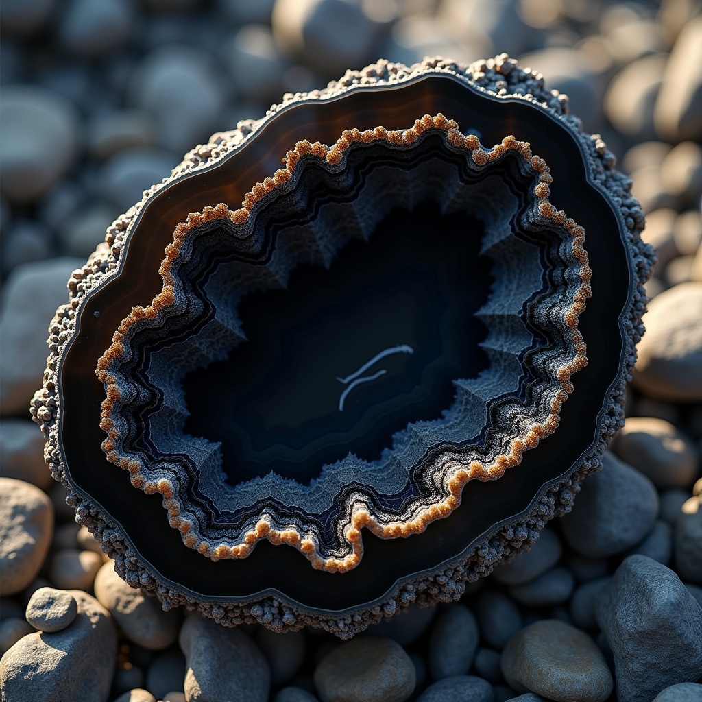 Show a close-up of a teardrop-shaped black druzy agate on a bed of smooth stones. Highlight its natural beauty and intricate details. Use soft natural lighting.