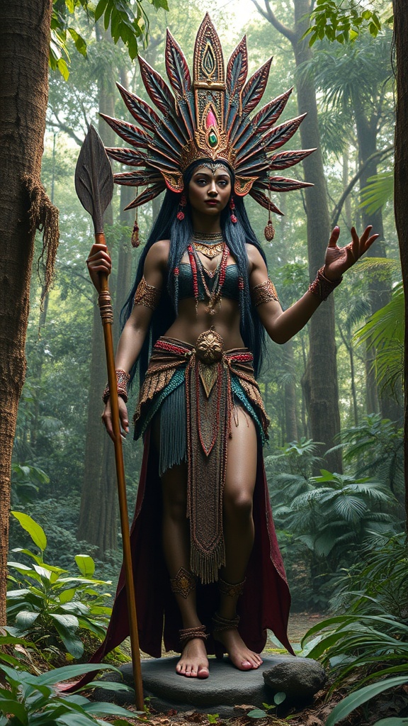 In a lush, verdant forest, a mysterious and regal figure adorned in elaborate tribal attire stands with a commanding presence. The headdress is grand and intricate, resembling traditional ceremonial gear, which perfectly complements the natural scenery. The figure holds a spear, suggesting a role of protection or guardianship over the forest environment.