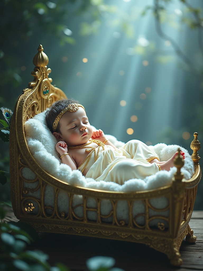 A serene image shows a baby resting in an ornate cradle. The baby has a radiant blue complexion. Traditional adornments decorate the baby. A peacock feather crown rests on the baby's head. An elaborately decorated cradle enhances the scene. Soft light spreads throughout the atmosphere creating tranquility.