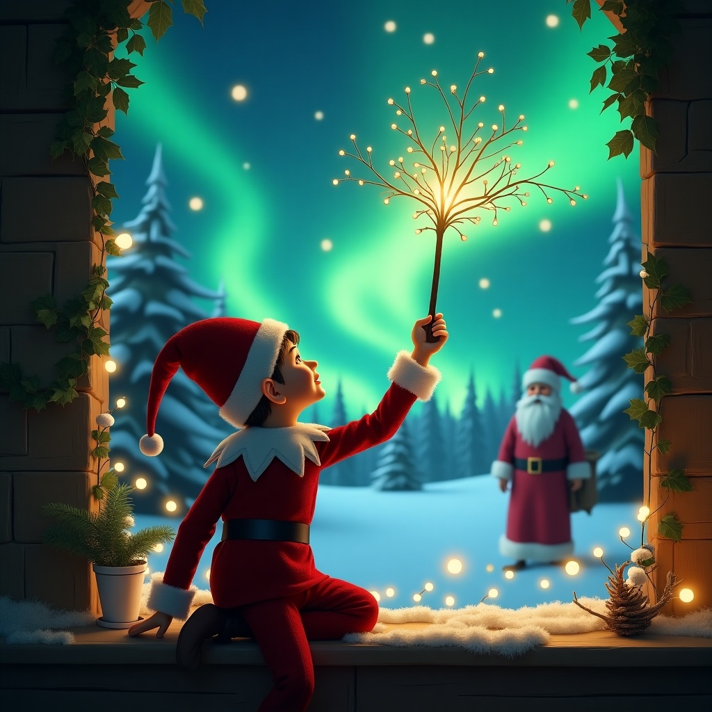 An elf on the shelf is depicted from behind, gazing upwards. He holds a wand, using it to magically write 'Ivy' in the night sky. The background showcases a whimsical Christmas scene with enchanting northern lights illuminating the night. Santa Claus is seen in the distance, creating an adventurous holiday atmosphere. The elf is dressed in traditional red and white attire, embodying the spirit of Christmas. The entire image evokes a sense of wonder and festive joy, perfect for holiday celebrations.