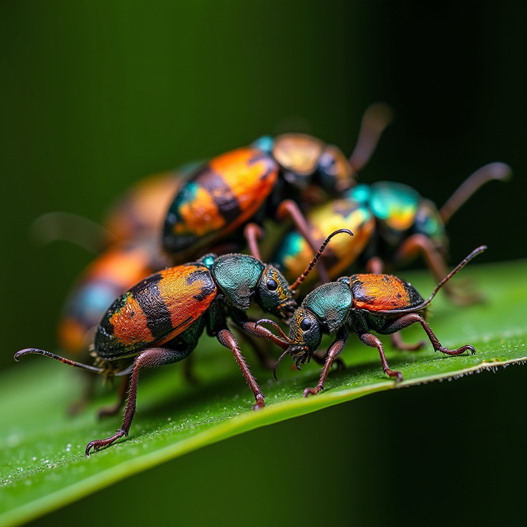 Several brightly colored beetles with iridescent shells on a green leaf.