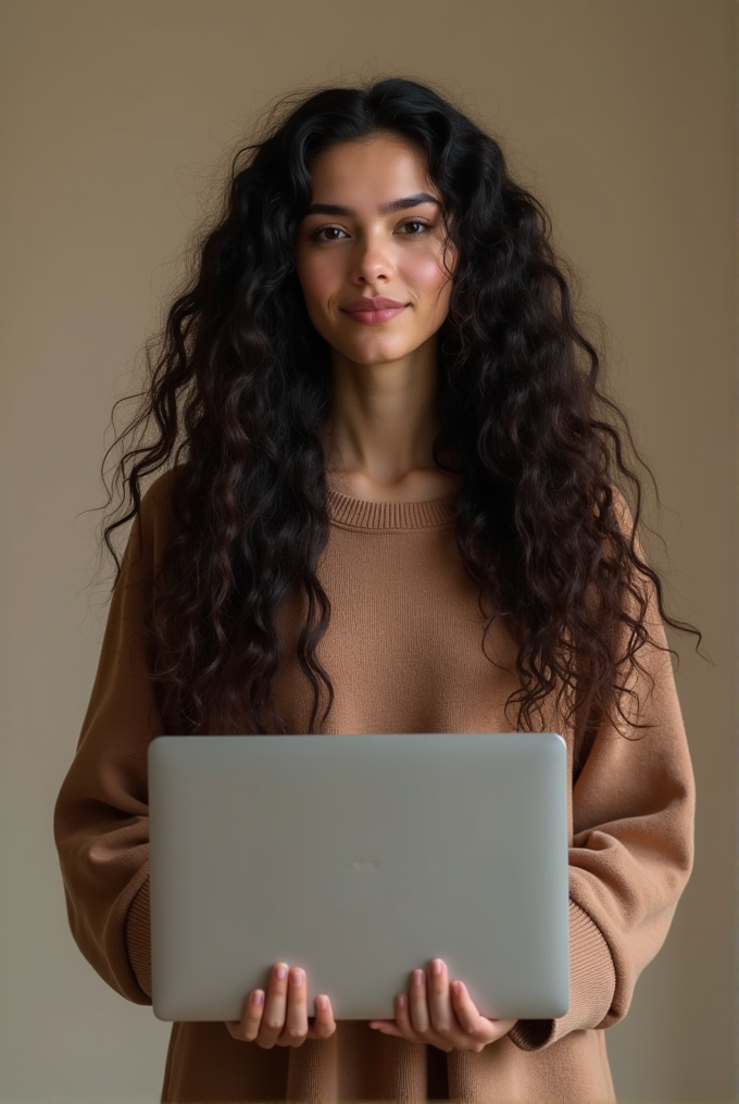 A woman with curly hair holds a laptop while wearing a brown sweater, standing confidently.