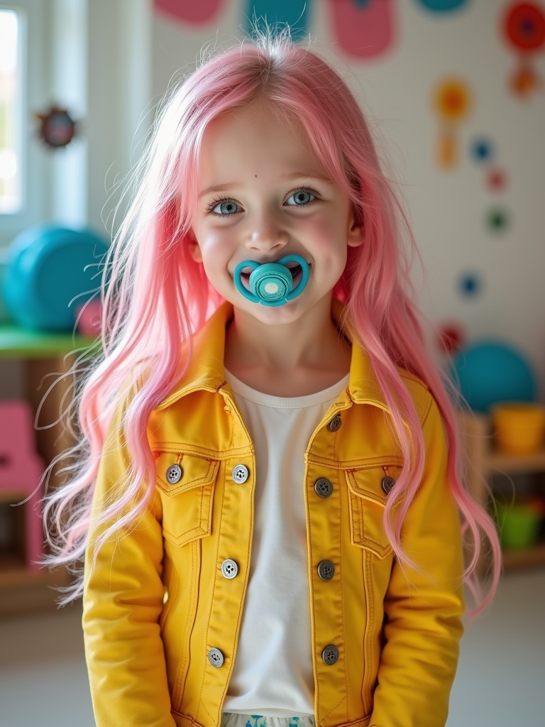 A six year old girl has long pink hair and emerald green eyes. She is wearing a yellow denim jacket. The setting is a kindergarten with colorful decor. The girl is smiling and has a pacifier.