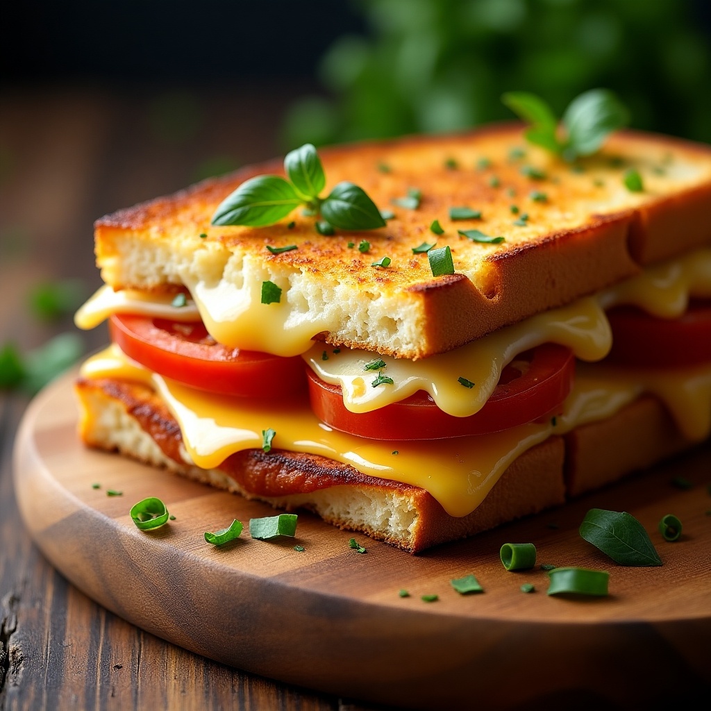 This image features a delicious halloumi and cheese toast sandwich, layered with fresh tomatoes and oozing melted cheese. The sandwich is beautifully browned and crispy, set against a rustic wooden board. Garnished with fresh herbs, it looks appetizing and inviting. The bright colors of the tomatoes contrast beautifully with the golden toast. This sandwich is perfect for a quick lunch or a comforting snack.