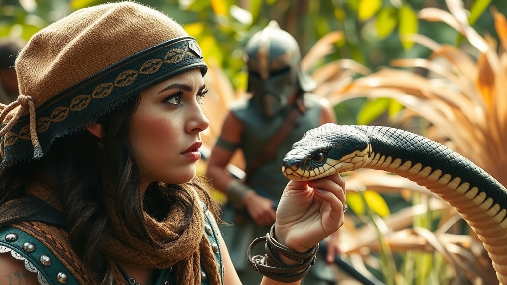 A woman, wearing a medieval-style headscarf and armor, is closely examining a large, realistic snake in her hand. The background is blurred, suggesting an outdoor setting, possibly a forest, where a person in armor stands in the distance. The image evokes a sense of mystery and connection with nature.