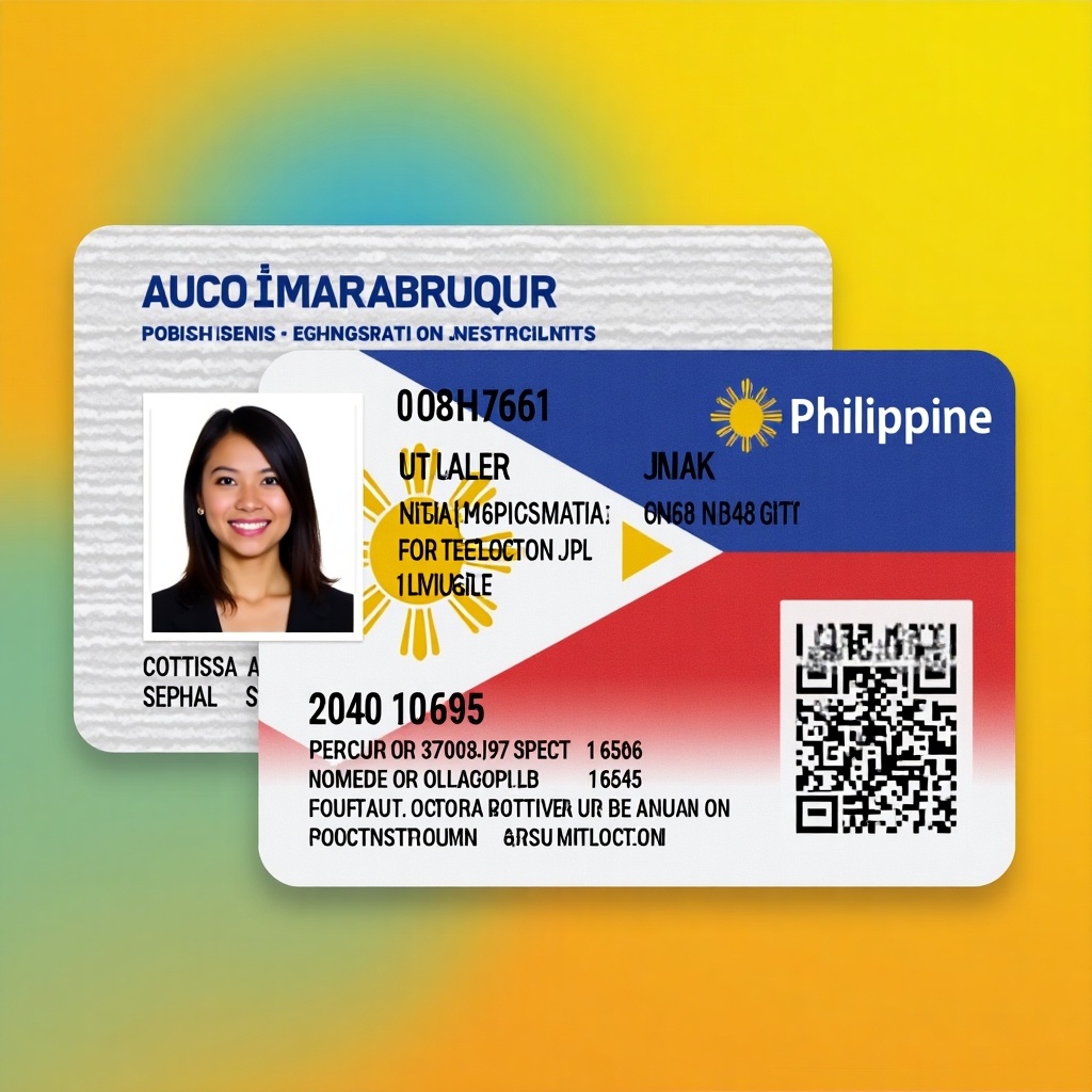 The image shows a Philippine National ID. Bright colors reflect the flag. Portrait of a person is centrally placed. ID has unique number and QR code. Designed with professional layout, clarity in text and graphics. Background colors are bright, symbolizing national pride. Overall look is modern yet formal.