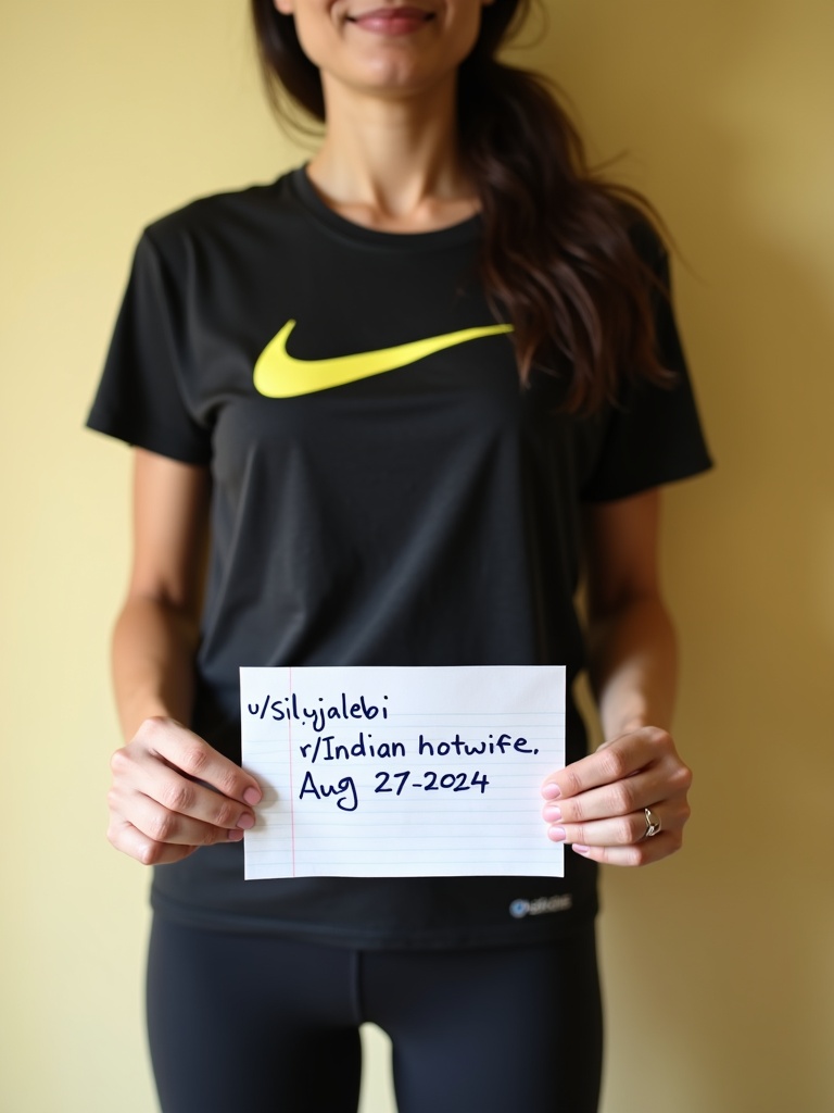 The image features an individual holding a handwritten sign displaying a username, subreddit, and date. The person is wearing a black Nike shirt, and only the lower half of their face is visible. The background is plain and softly lit, drawing attention to the message on the paper.