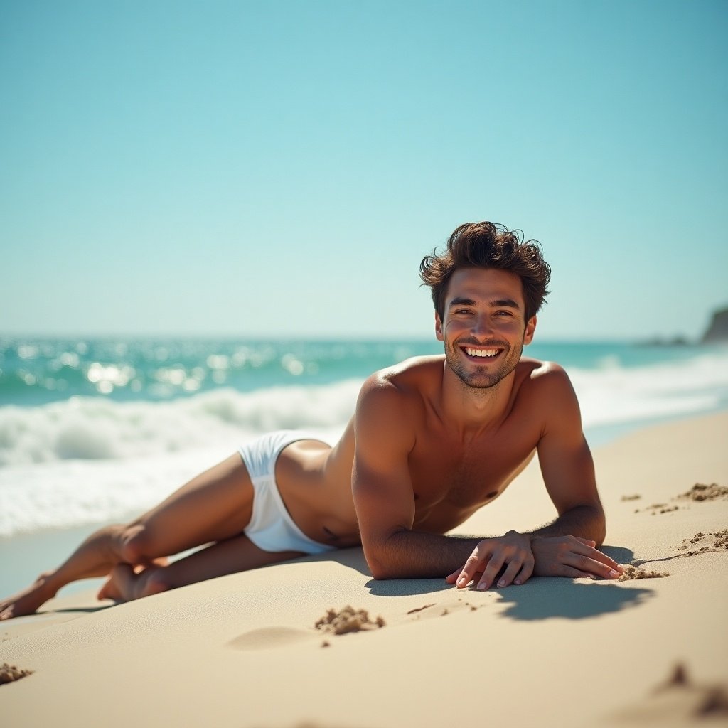 A man lying on the beach. He has a broad smile and is wearing white briefs. The setting is sunny with ocean waves in the background. Warm sand under his body. His hair is tousled.