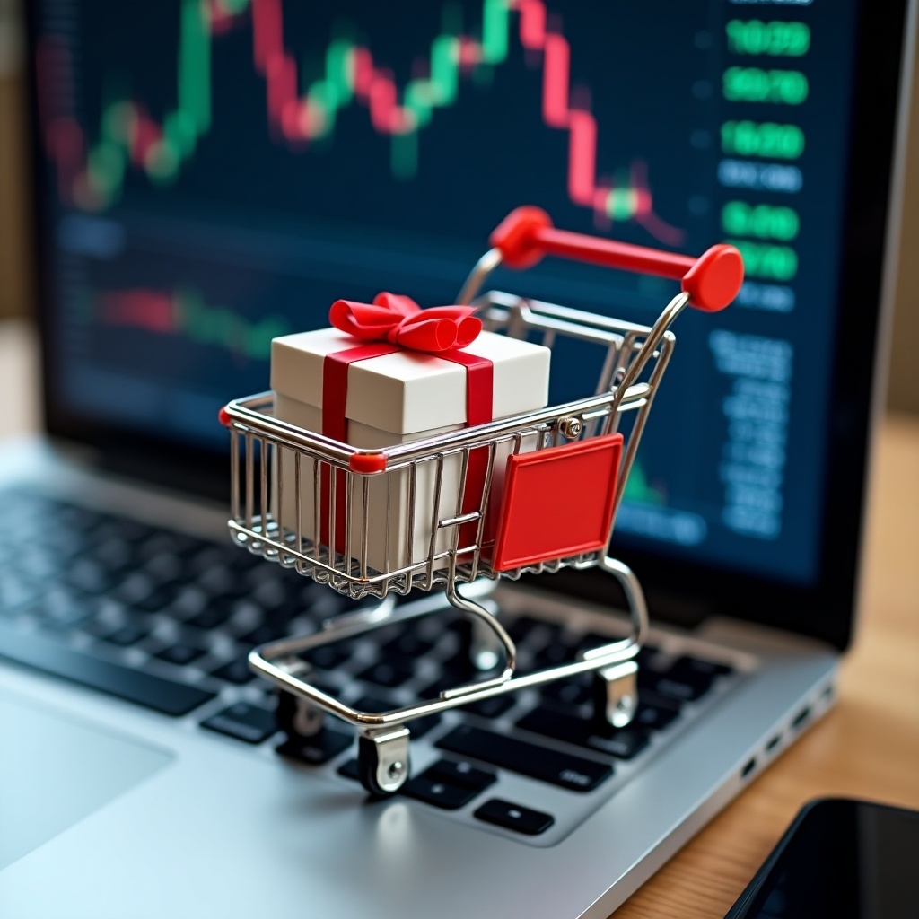 The image showcases a small shopping cart placed on a laptop keyboard. Inside the cart is a gift box adorned with a red bow. The laptop's screen displays stock market charts, indicating financial data. Symbols of holiday shopping and finance are combined in this visual. This composition highlights the intersection of retail and investment.