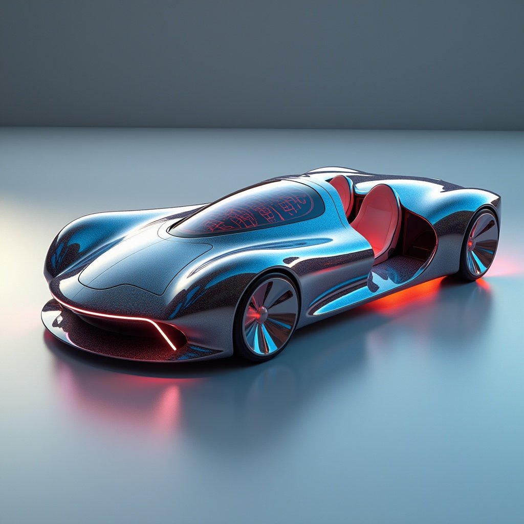 A unique car design that does not exist on Earth. Aerodynamic shape with shiny metallic surfaces and vibrant lights. Interior is spacious and modern.