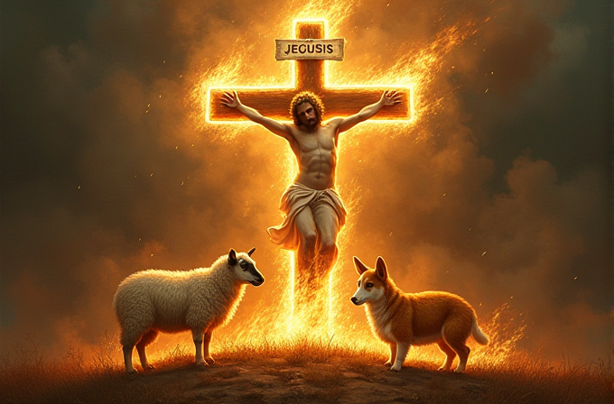 A glowing crucifix with a figure hangs between a sheep and a corgi on a hill.