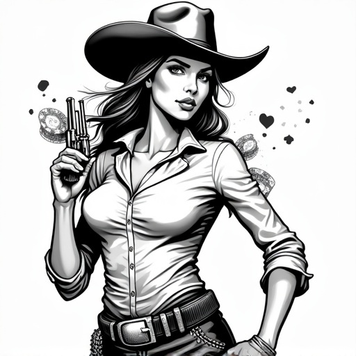 A Western cowgirl gambler in an upper-body portrait. American comic style with thick black outlines on a white background. Features bold linework and a dynamic pose holding a vintage revolver. Includes poker chips and playing cards. Character has a sly smirk and wears a wide-brimmed hat, giving a saloon vibe.
