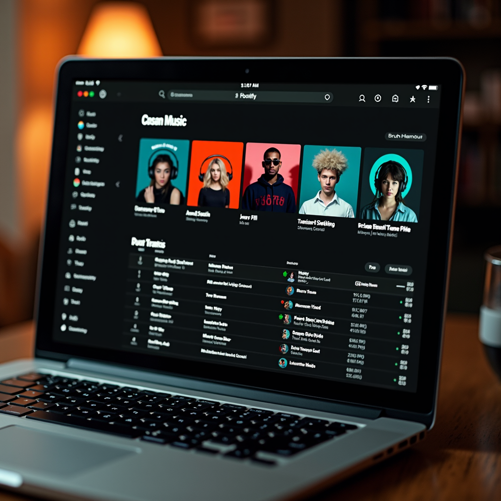 A dimly lit laptop screen displays a music streaming app with a playlist featuring various artists and tracks.