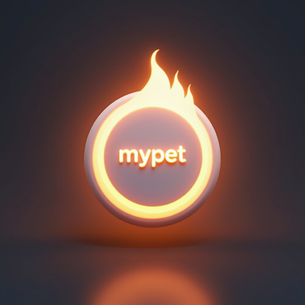 A glowing emblem with the word 'mypet' and a flame design above it, set against a dark background.