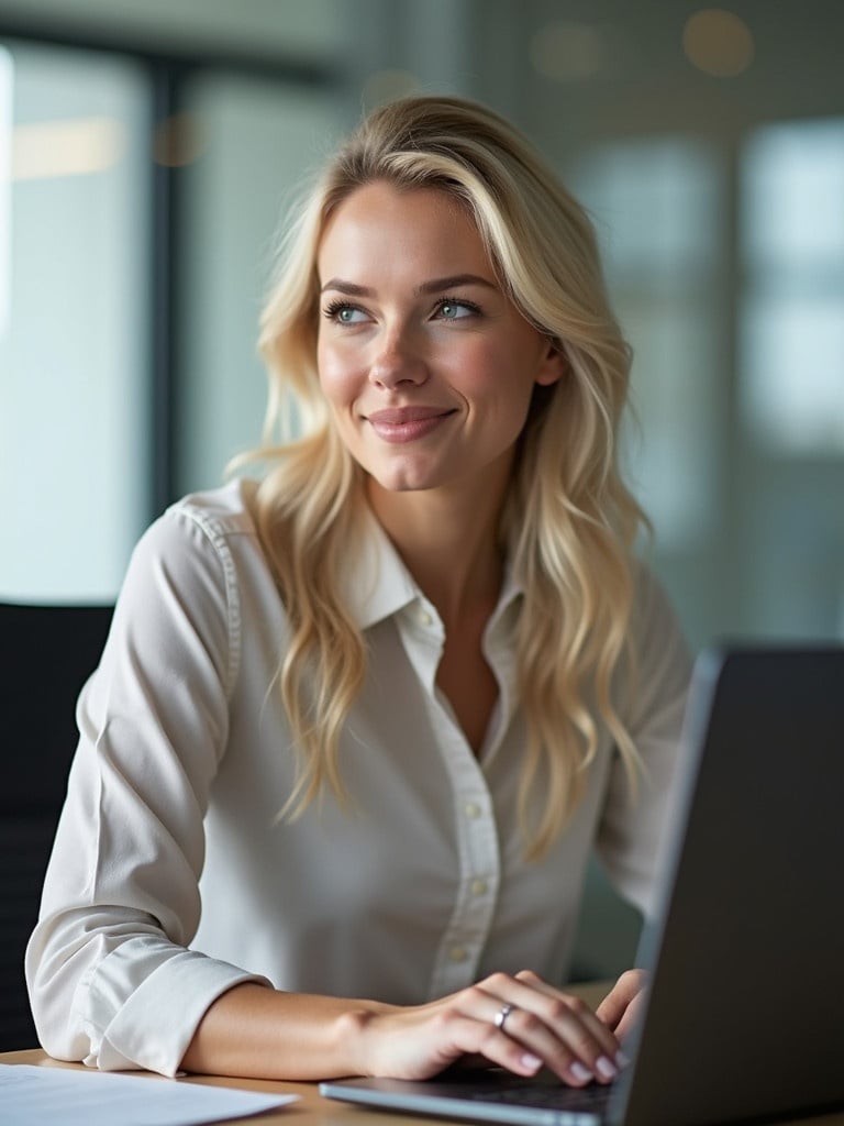 Attractive woman sits at a desk in a modern office environment. She is focused on her laptop while working. Background shows a bright and minimalistic office design.