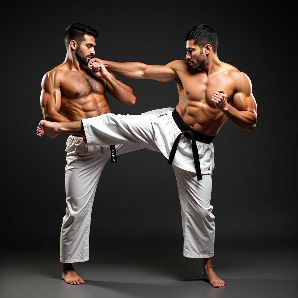 Two muscular males showcasing karate skills. One delivers a kick to the other. Both show focus and strength. Perfect muscular definition is visible.