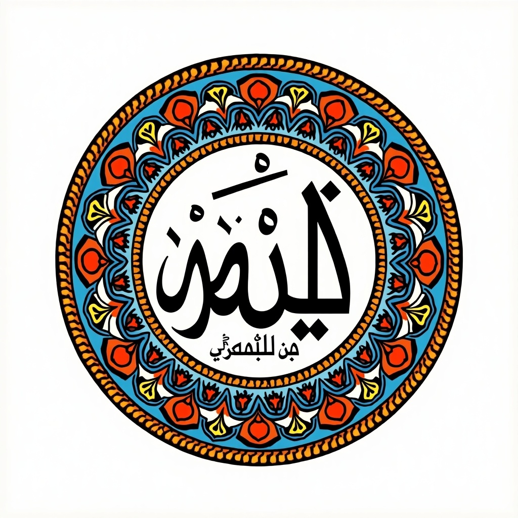 This image features a round logo centered around Arabic calligraphy. The name 'Abu Ishaq Al Somali' is beautifully rendered in Arabic script. The design is encircled by intricate patterns that showcase traditional Middle Eastern artistic elements. Vibrant colors, including red, blue, and gold, bring the logo to life. This artwork reflects deep cultural and historical significance, making it ideal for various uses in education, branding, and art.