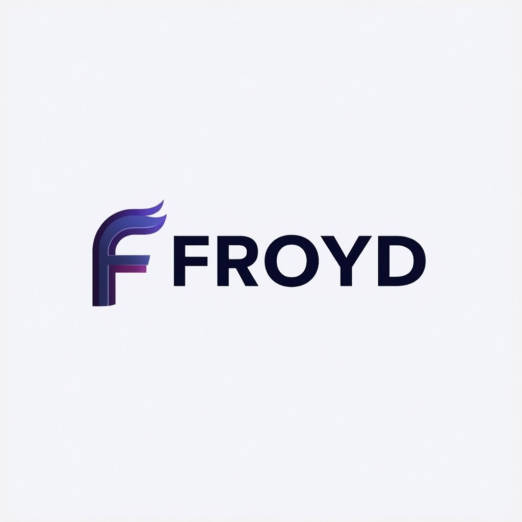 Sophisticated typographic logo for FROYD. Unique treatment of the letter F. Modern abstract twist hinting at psychology. Flowing lines or clever negative space design. Gradient colors from deep purple to indigo blue. Clean, modern typography. Slightly bold with perfect letter spacing. Minimal yet impactful style. Suitable for dark and light backgrounds. Transparent background. Subtle depth with minimal shadows. Works in various sizes.