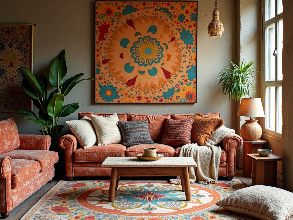 The image depicts a cozy living room with a bohemian style. A patterned orange sofa adorned with a mix of pillows takes center stage, complemented by a wooden coffee table. The room is framed by vibrant abstract art and lush indoor plants, enhancing the earthy ambiance. Natural light streams in through a window, casting a warm glow over the eclectic decor.