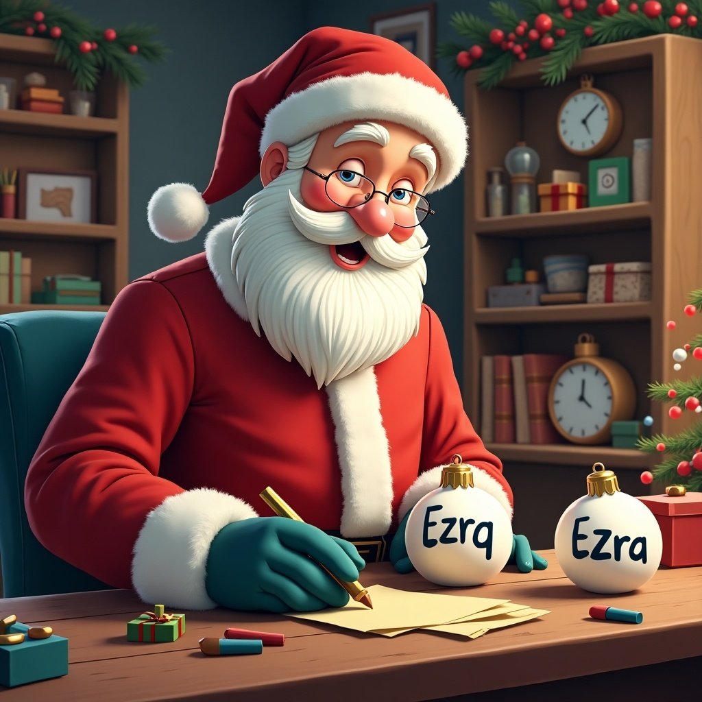 Santa Claus joyfully writes the name Ezra on Christmas baubles at a decorated desk.