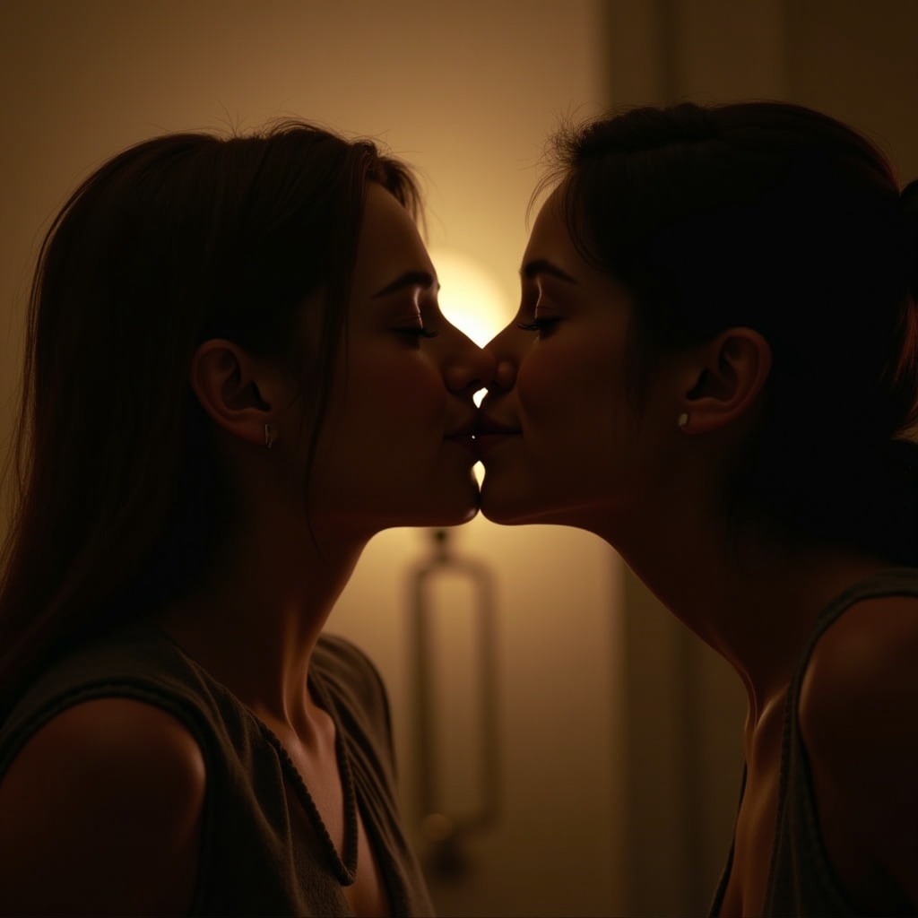 Frontal close-up of two women sharing a kiss. Softly lit setting enhances the moment. Emotions of love and connection are portrayed.