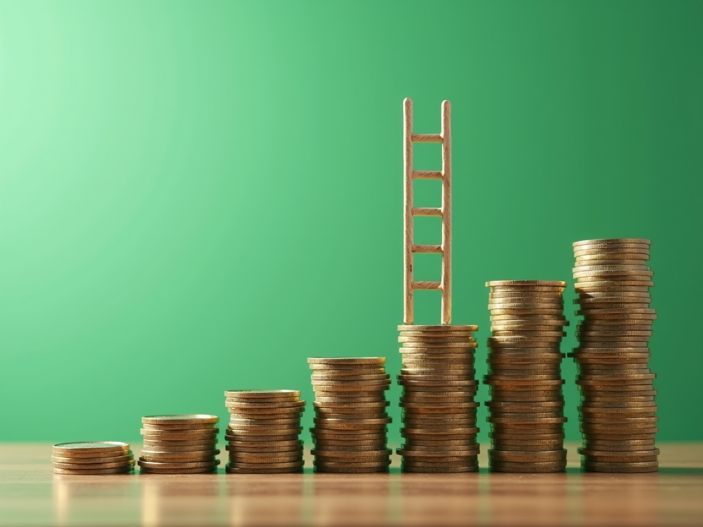 A series of ascending stacks of coins with a small ladder propped against the tallest stack, set against a green background.