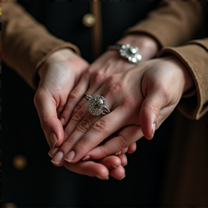 A close-up of elegantly manicured hands adorned with a sparkling, intricate ring and a matching bracelet, set against a blurred background.