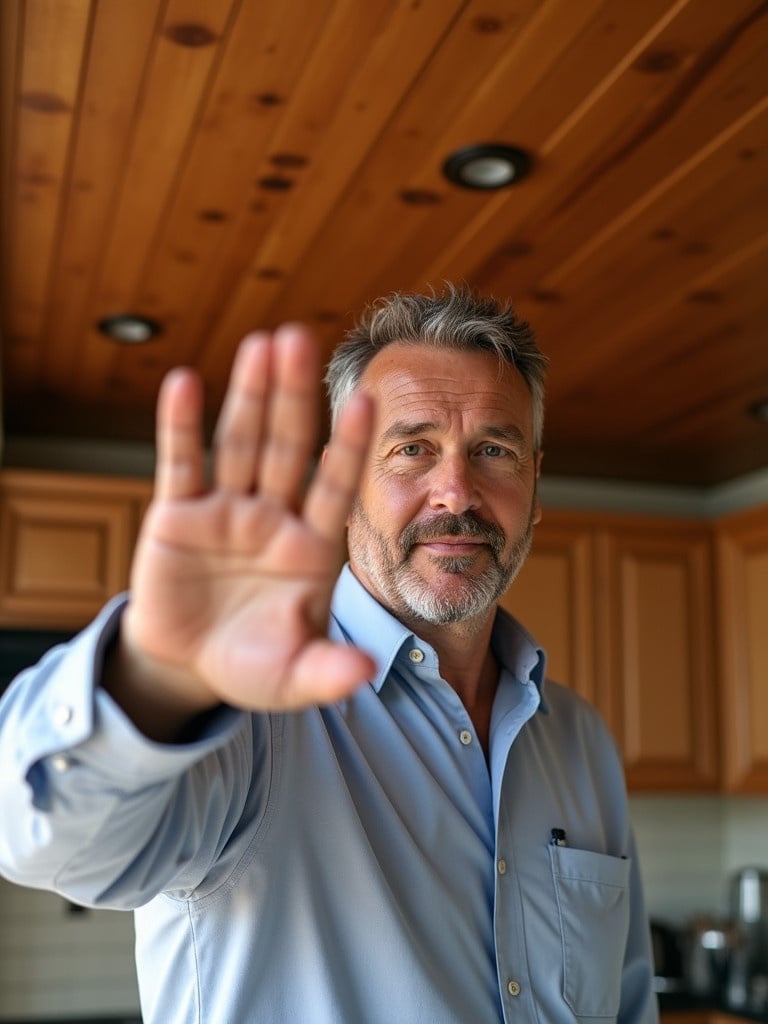 The image shows a person indoors with a relaxed posture. The setting features wood ceiling and cabinets. Natural light fills the space. The hand is raised to showcase a watch. The atmosphere feels casual and inviting.