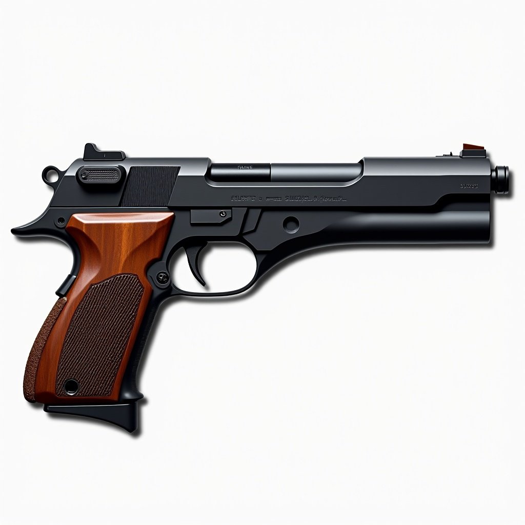 A side view of a semi-automatic handgun inspired by the Desert Eagle. The gun has a matte-black finish and a long barrel with a muzzle break. The grip is textured with wood or rubber. The slide is angular and metallic. Focus on the side profile highlighting proportions and details.